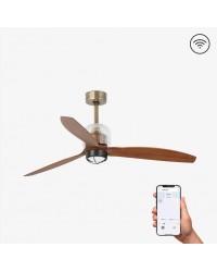 33398DWP-10 Ventilador de techo con luz y wifi, cuerpo oro y 3 palas nogal DC Decofan de Faro Barcelona