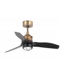 33424-10  Ventilador de techo con luz oro viejo y 3 palas negro mate modelo mini justfan Faro Barcelona