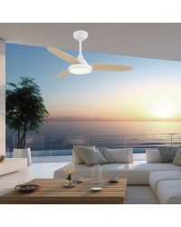 11563 Ventilador de techo con luz LED CCT blanco y madera DC, diámetro Ø107cm, 3 palas modelo Mahón de Alemar