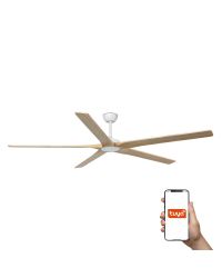 34191WT Ventilador de techo sin luz WIFI TUYA extra grande blanco y 5 palas de madera en pino, DC, modelo Bigwood de Faro