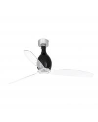 32026 Ventilador de techo sin luz acero y cristal negro brillo y 3 palas transparente, DC Mini Eterfan de Faro Barcelona