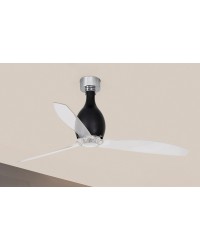 32026 Ventilador de techo sin luz acero y cristal negro brillo y 3 palas transparente, DC Mini Eterfan de Faro Barcelona